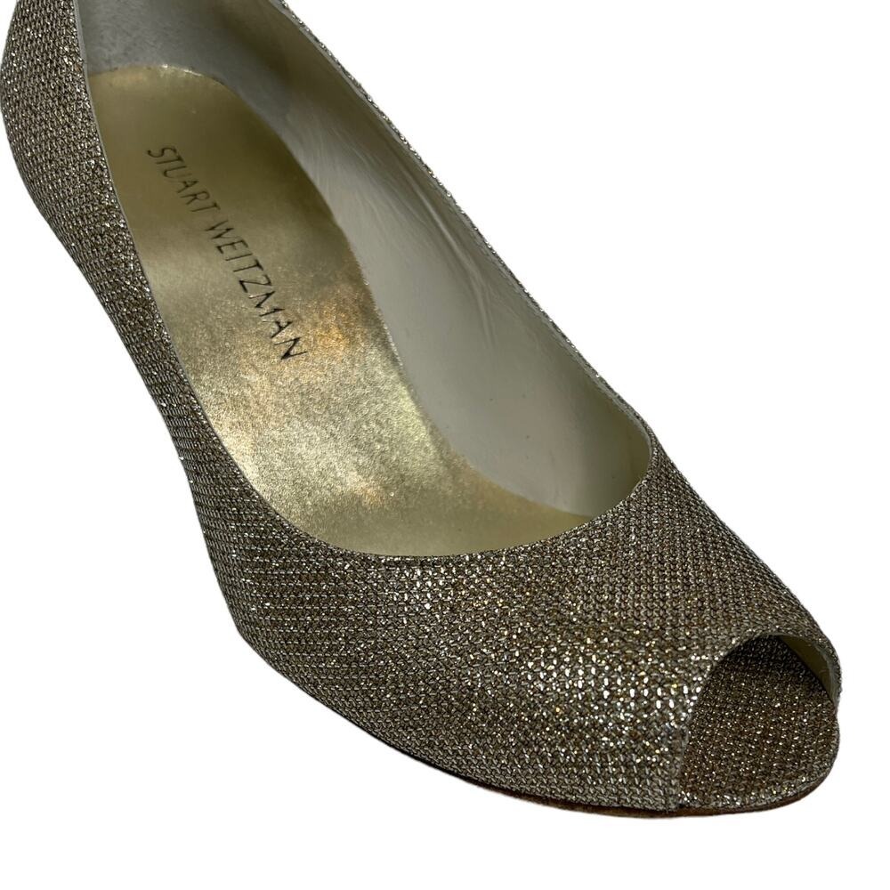 Stuart Weitzman Wedge Womens 8.5 Gold Glitter Peep Toe Pump Formal Dress Shoes - Picture 4 of 10